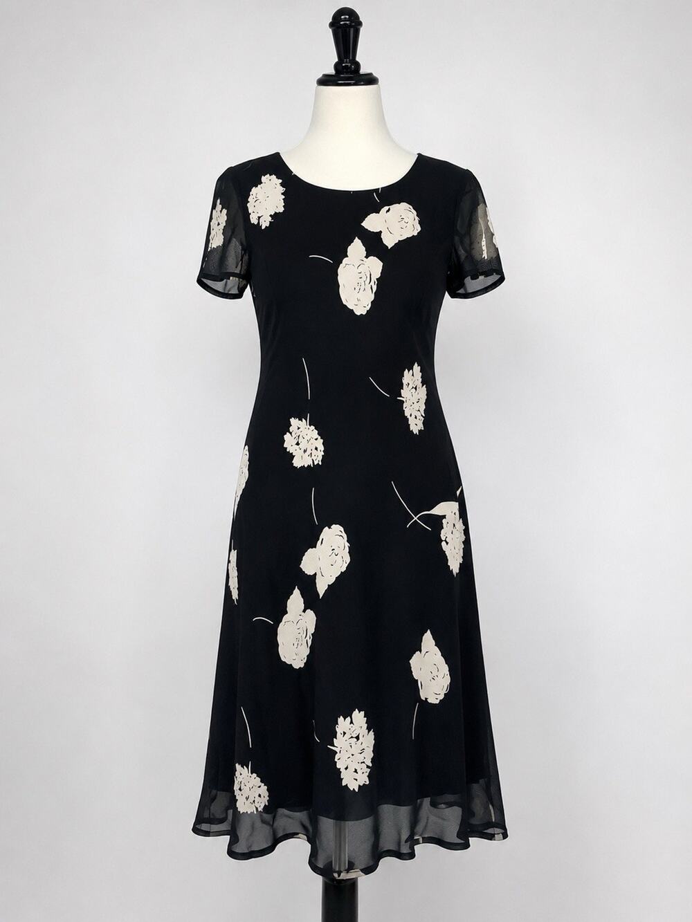 Vintage 90s Jones New York Dress Sz 6 Black White Floral Sheer Midi Career